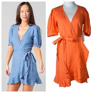 Honorine Women's Edie Dress Orange Mini Short Sleeve Wrap VNeck Ruffle Hem XS